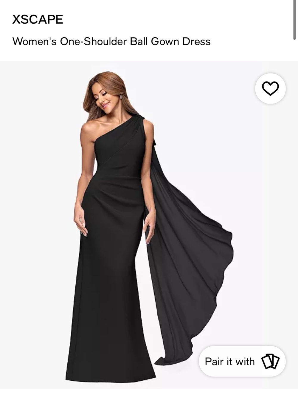 Xscape One-Shoulder Black Evening Gown with Draped Cape